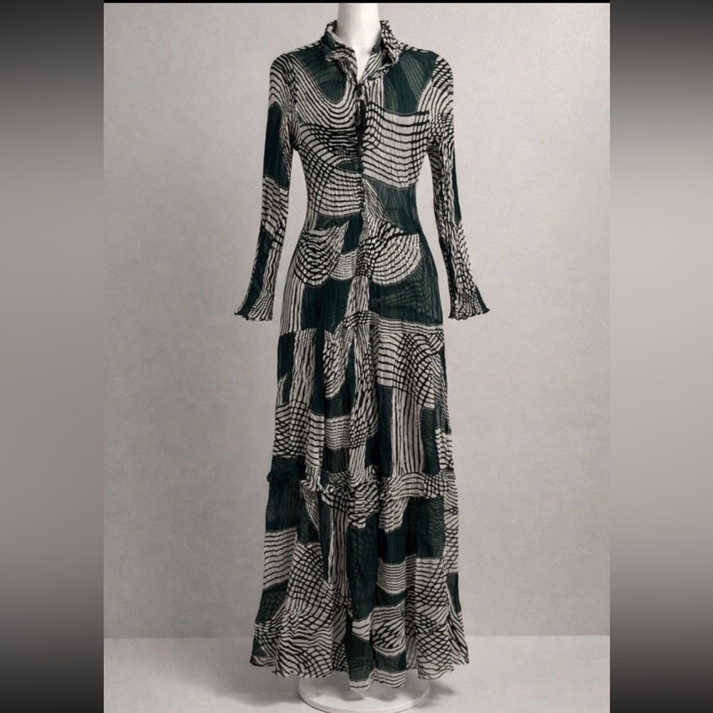 Anthropologie Forest Green and White Abstract Print Maxi Dress